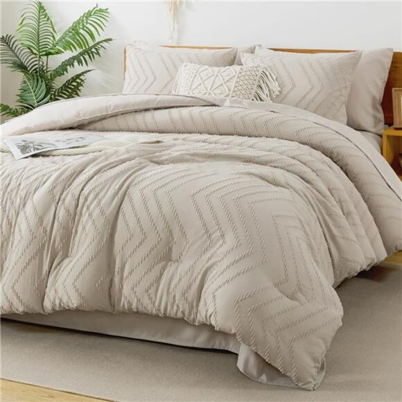 King Size Comforter Set with Sheets Beige-7 Pieces Bed in a Bag King Tufted Boho - Picture 1 of 8